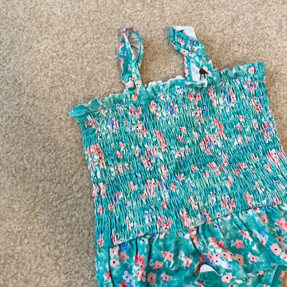 Baby Girl Janie and Jack Ditsy Floral Smocked Swimsuit in sea blue ditsy floral